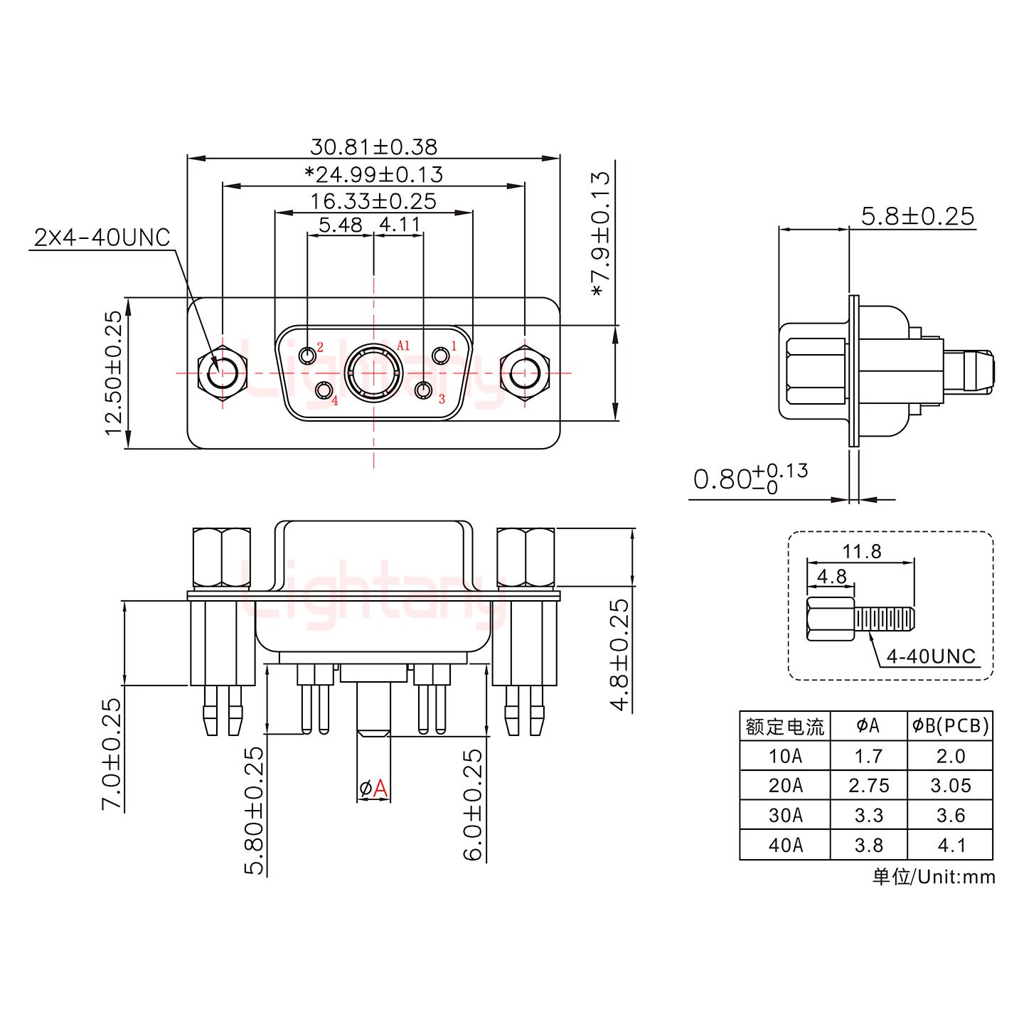 5W1母PCB直插板/鉚魚叉7.0/大電流20A