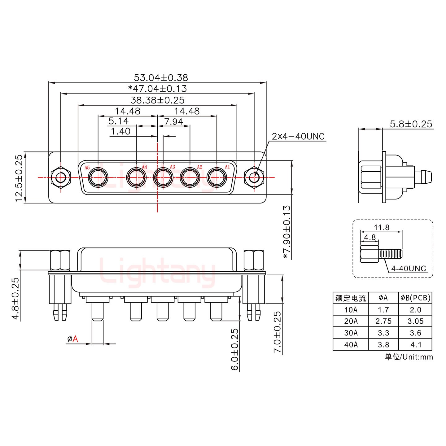 5W5母PCB直插板/鉚魚叉7.0/大電流30A