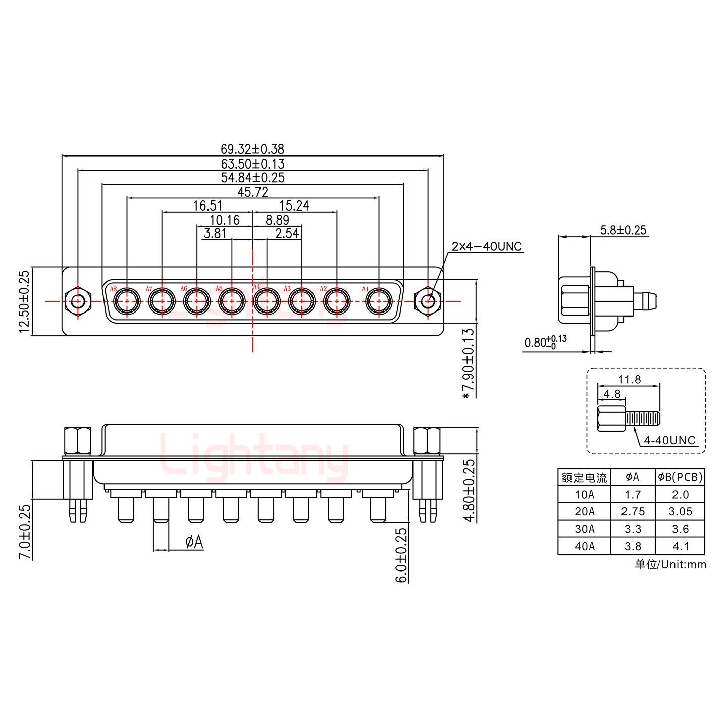 8W8母PCB直插板/鉚魚(yú)叉7.0/大電流20A