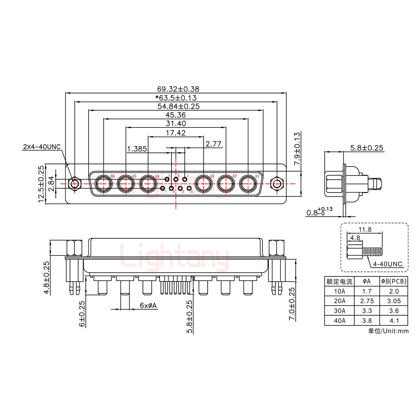 13W6A母PCB直插板/鉚魚叉7.0/大電流10A