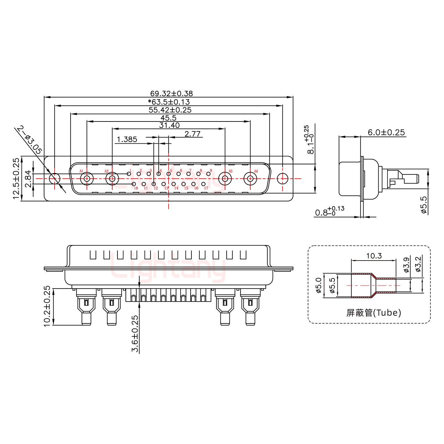 21W4公焊線式75歐姆+37P金屬外殼2185直出線4~12mm