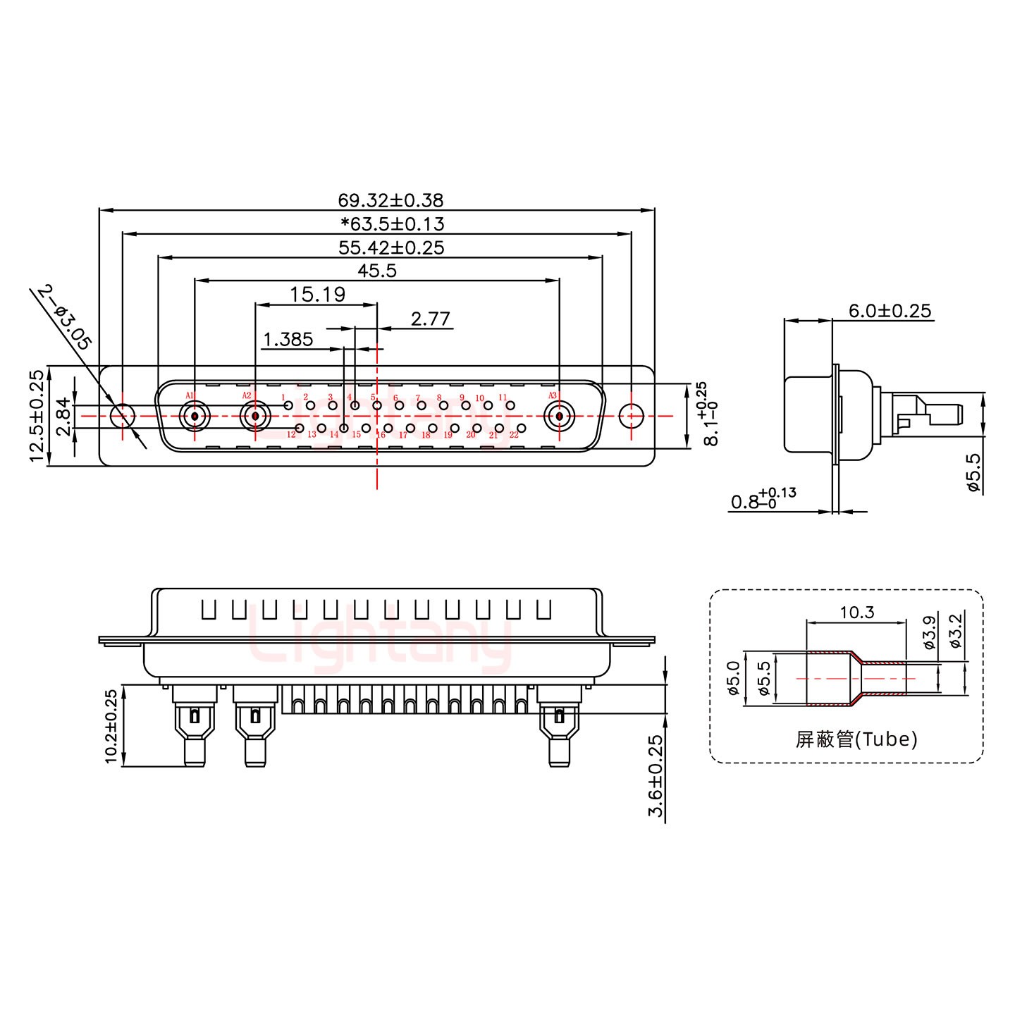 25W3公焊線式50歐姆+37P金屬外殼2185直出線4~12mm