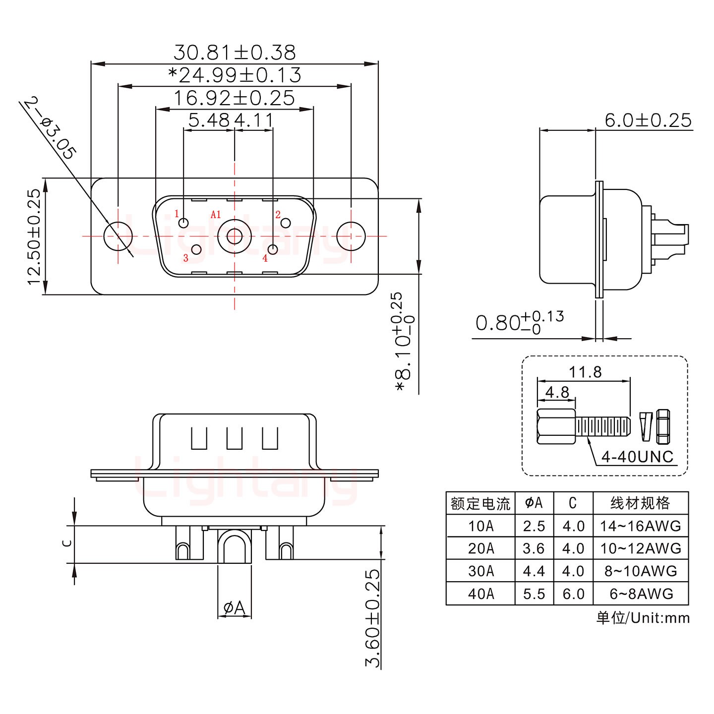 5W1公短體焊線/配螺絲螺母/大電流10A