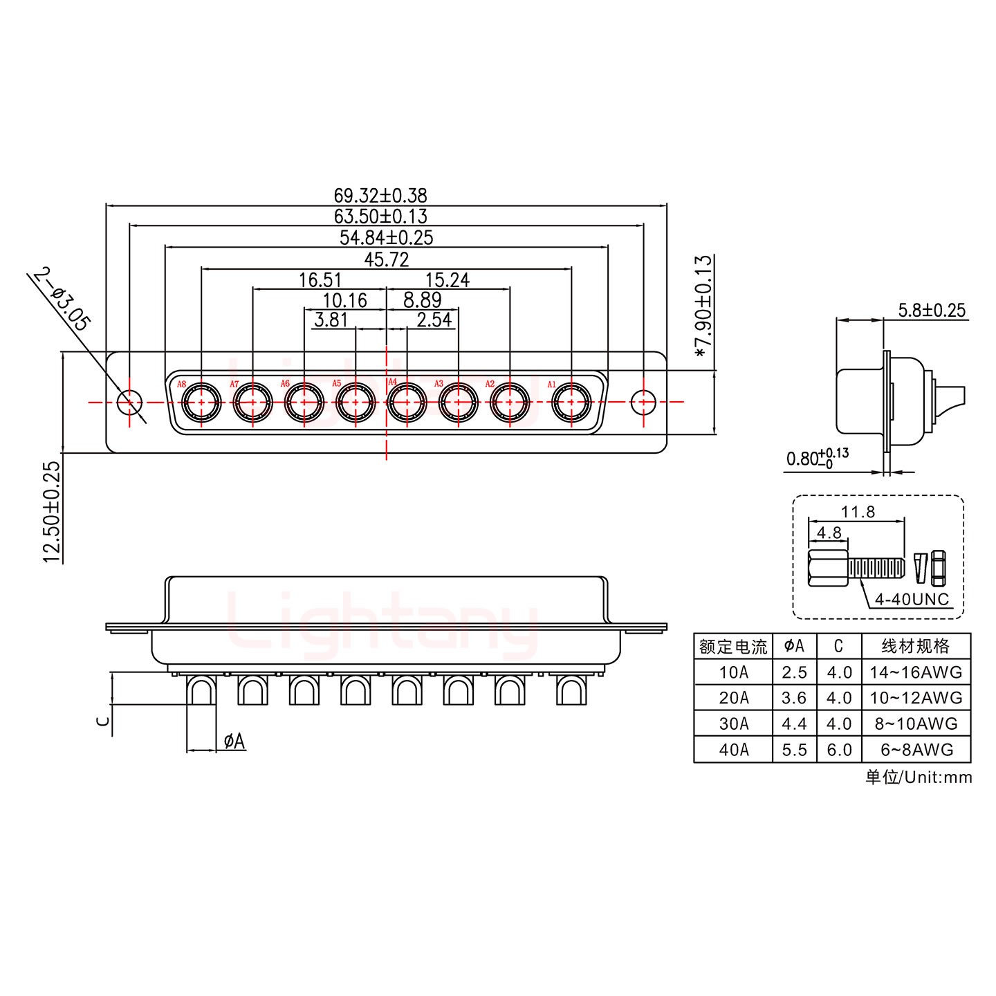 8W8母短體焊線/配螺絲螺母/大電流30A