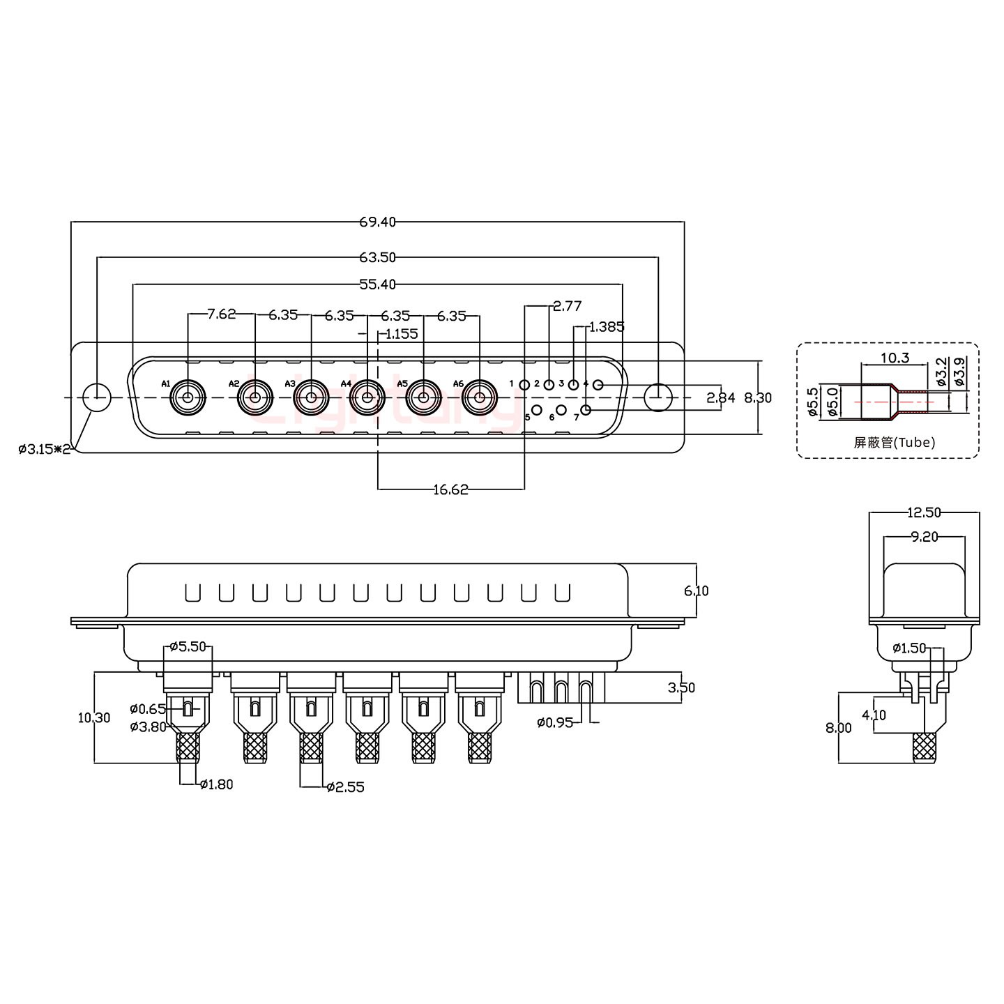 13W6B公焊線式50歐姆+37P金屬外殼967斜出線4~12mm