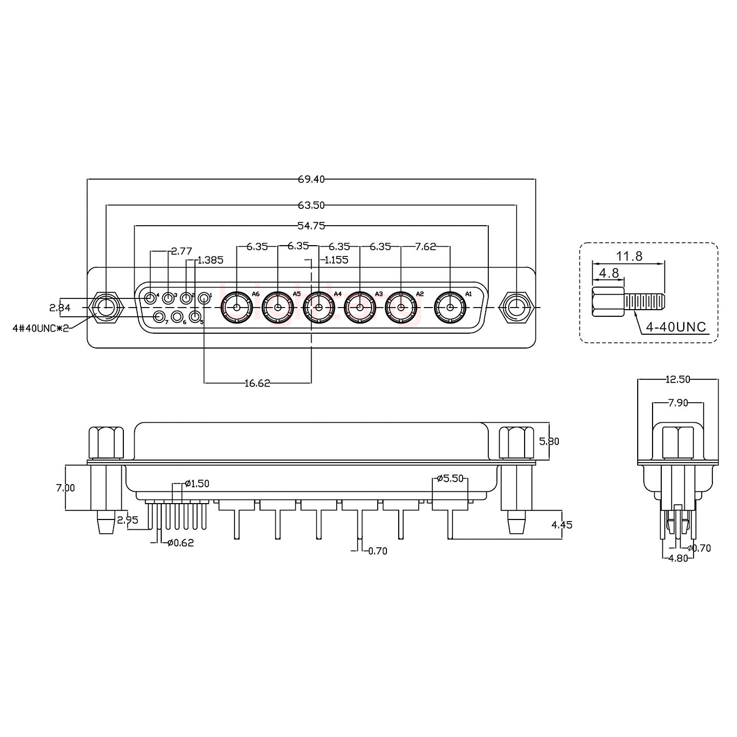 13W6B公PCB直插板/鉚魚叉7.0/射頻同軸50歐姆