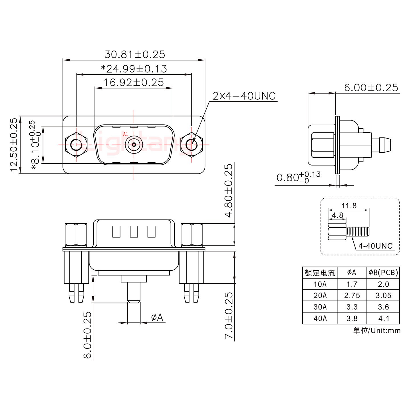 1W1公PCB直插板/鉚支架7.0/大電流40A