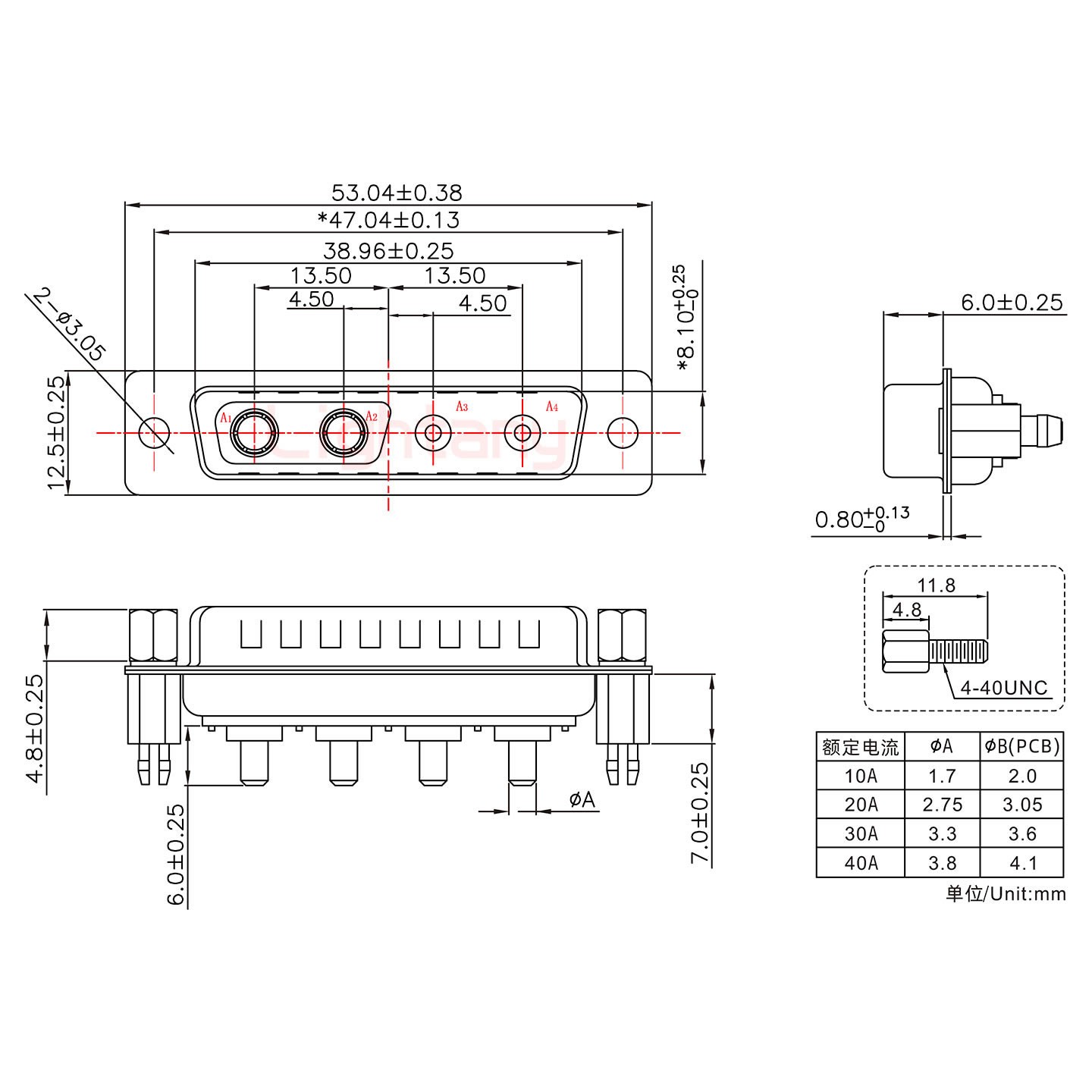 4V4公PCB直插板/鉚支架7.0/大電流10A