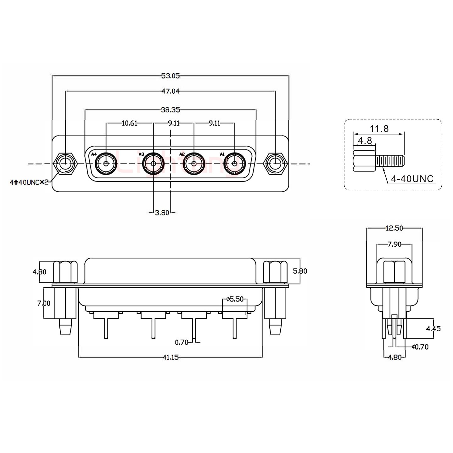 4W4母PCB直插板/鉚魚叉7.0/射頻同軸75歐姆