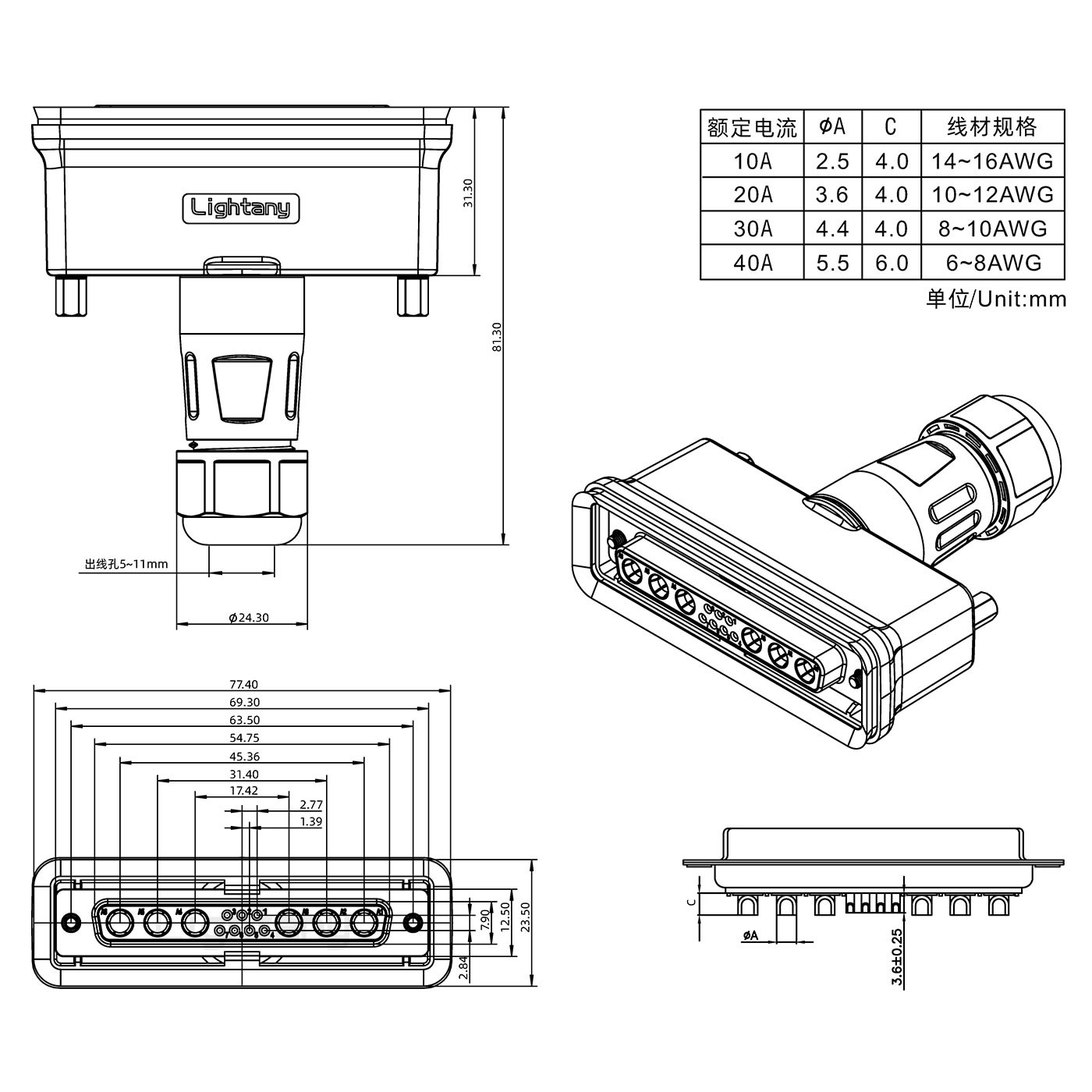 13W6A母頭焊線+防水接頭/線徑5~11mm/大電流40A