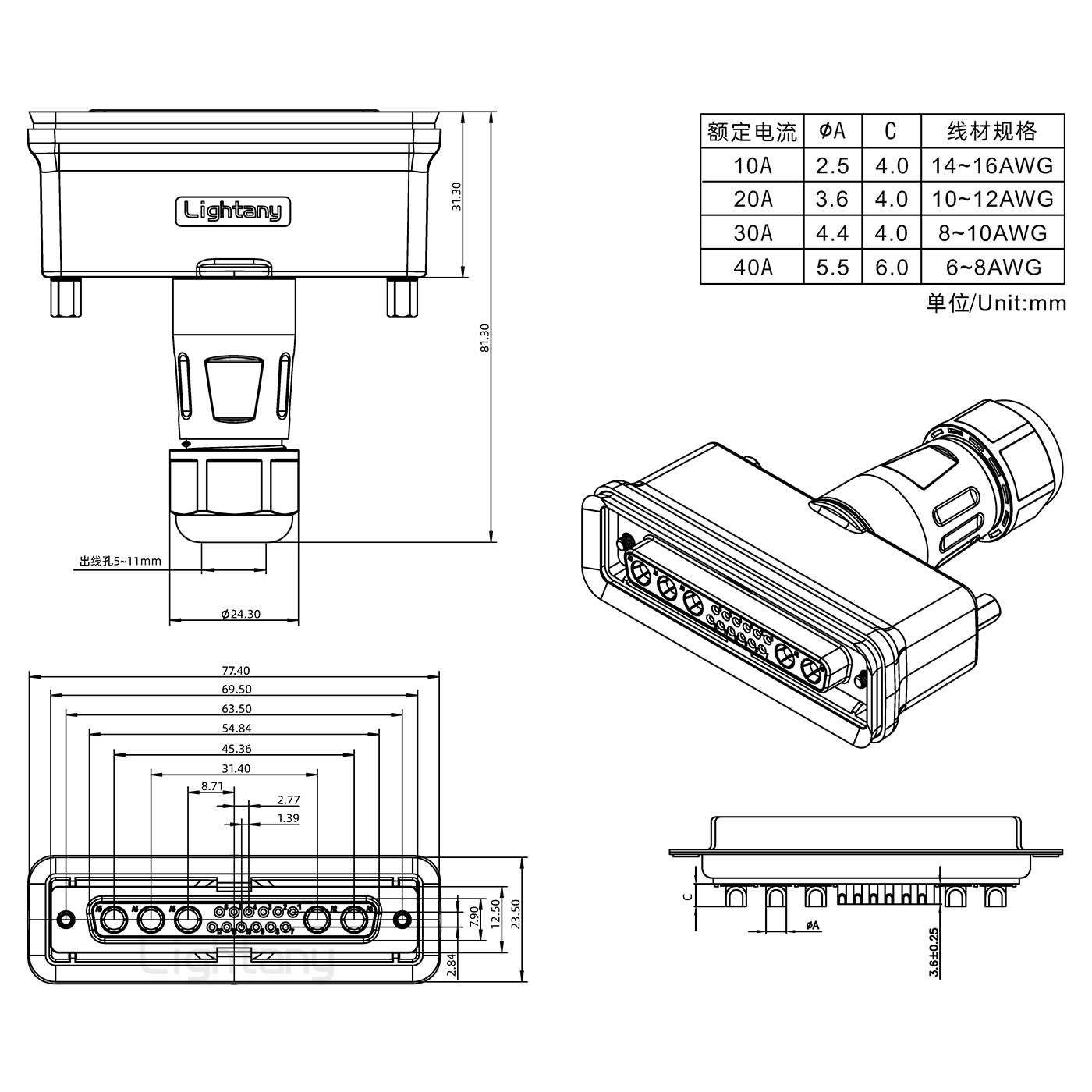 17W5母頭焊線+防水接頭/線徑5~11mm/大電流40A