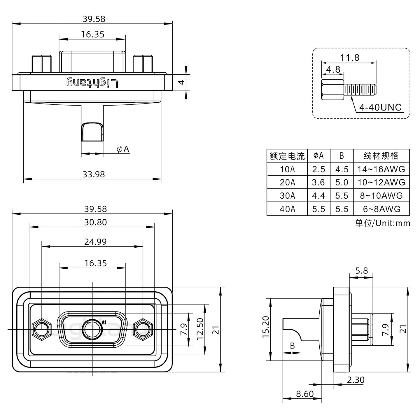 防水1W1母焊線式/鎖螺絲/大電流40A