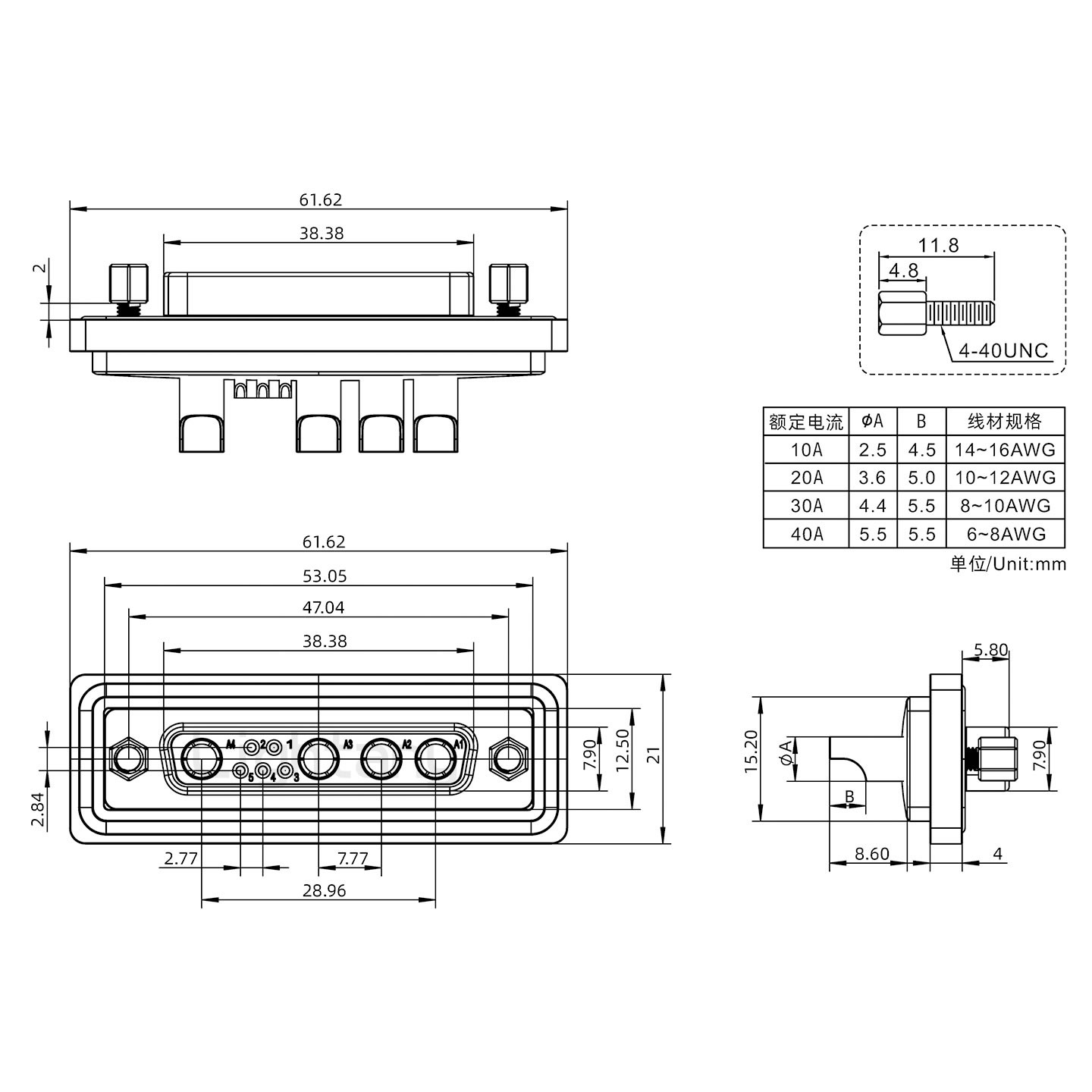 防水9W4母焊線式/鎖螺絲/大電流40A