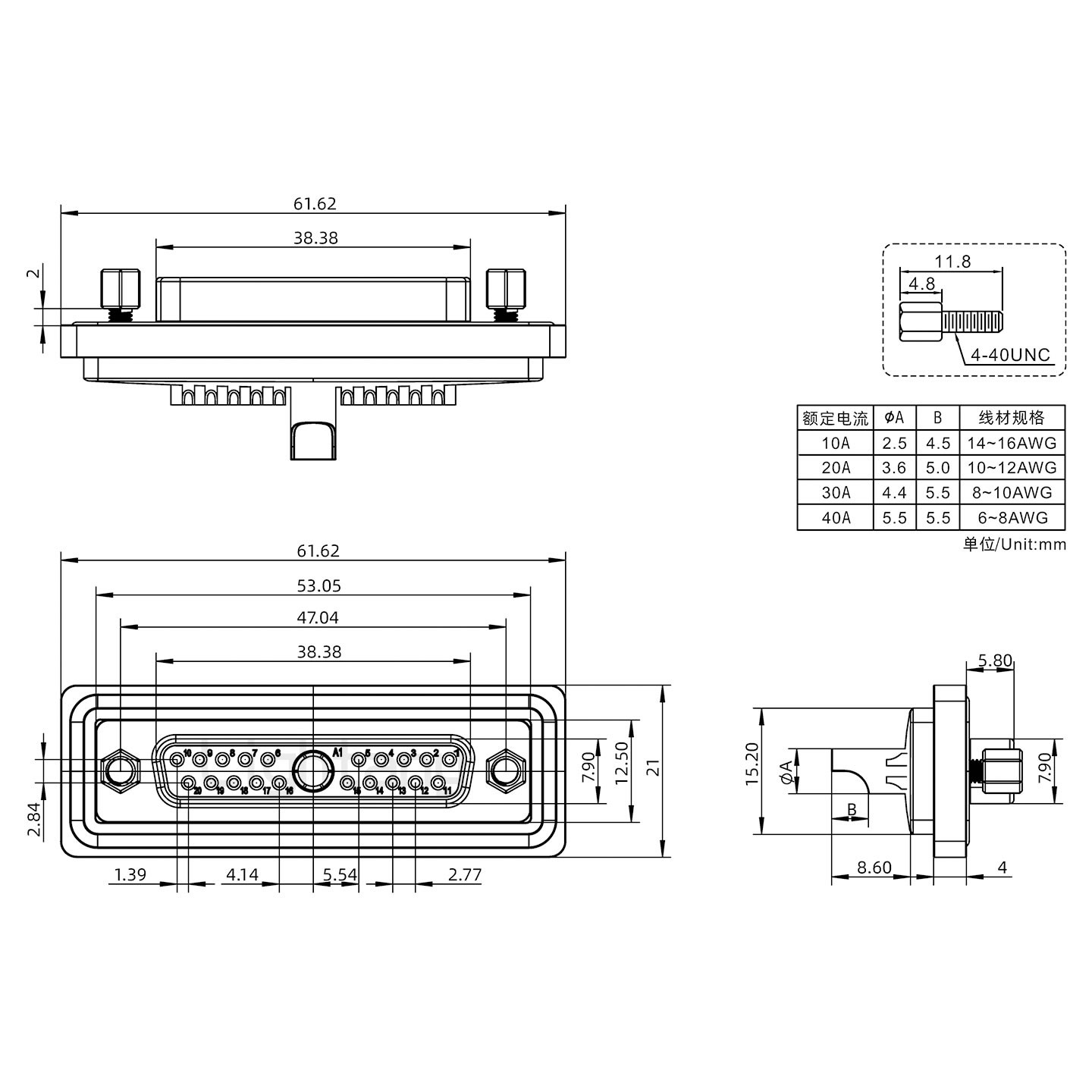 防水21W1母焊線式/鎖螺絲/大電流40A